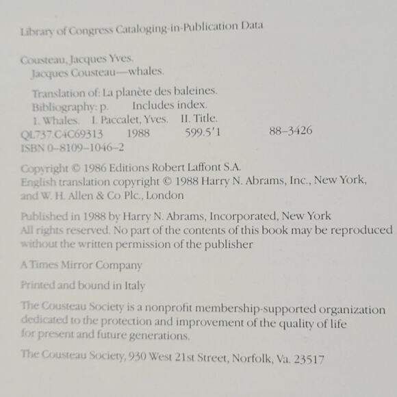 Jacques Cousteau Whales‎ by Jacques-yves Paccalet 1988 Hardcover Book Nature - Picture 5 of 10